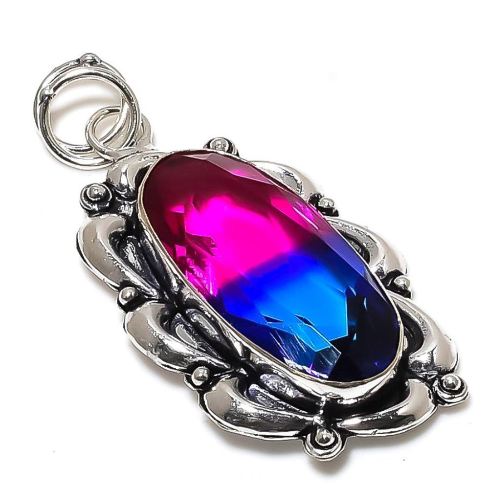 Natural Bi-Color Tourmaline Gemstone 925 Sterling Silver Pendant 2.36" W8l32