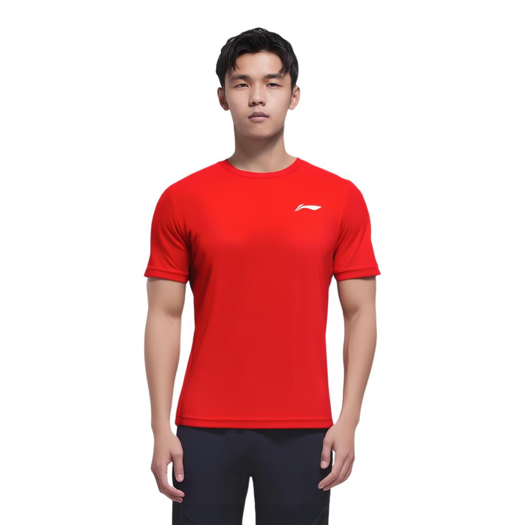 Футболка унисекс с коротким рукавом и круглым вырезом, с принтом логотипа серии Li Ning Badminton, цвет красный AHST347-5