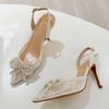 Liyke Fashion White Pearl Bowknot Women Pumps Sexy Mesh Pointed Toe Rhinestone Heels Party Prom Shoes Female Slingback Sandals