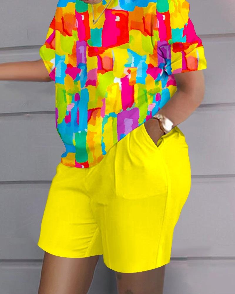 Женские комплекты из двух предметов с шортами и принтом, футболки с круглым вырезом и короткими рукавами, брюки с эластичной резинкой на талии, топы, летние костюмы