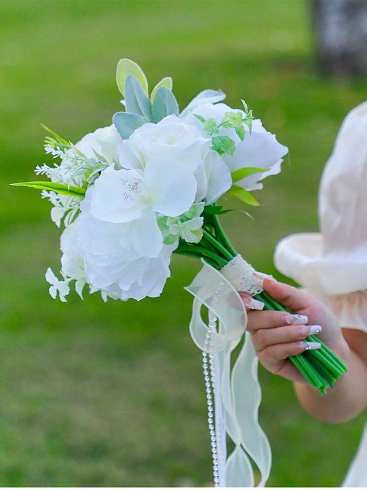 1шт. Букет из искусственных цветов, свадебный букет с лентами, искусственные розы для невесты, подружек невесты для свадебной церемонии и вечеринки в честь Дня святого Валентина