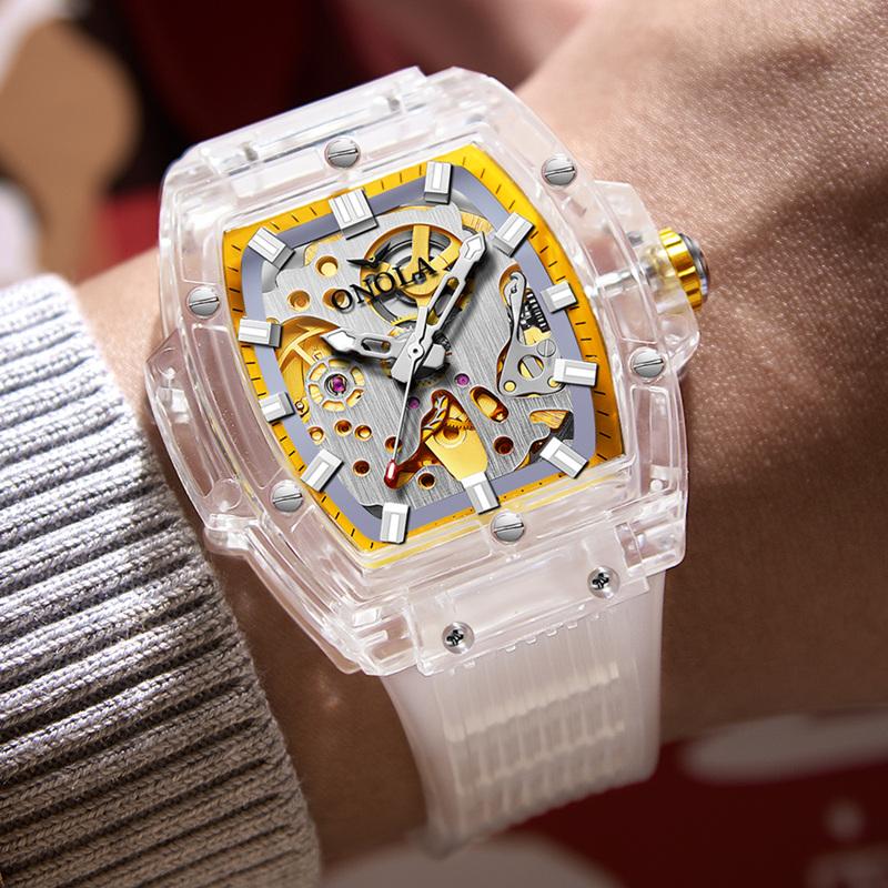 Модные часы для мужчин Sprots Fashion Plastic Transparent Hollow Full Automatic Mechanical Watches Men Waterproof Clock