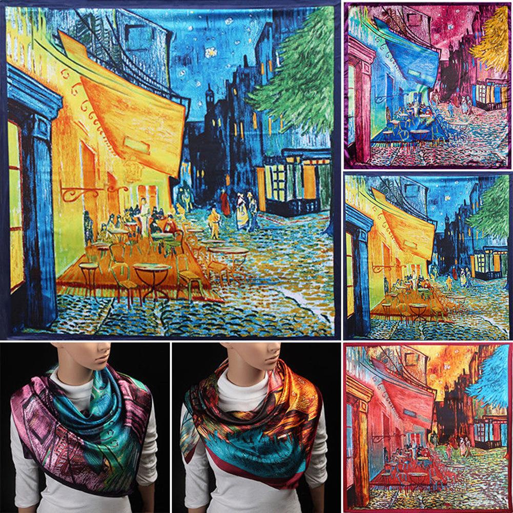 Fashion Scarf Women's Oil Painting Printed Large Silk Satin Square Scarf