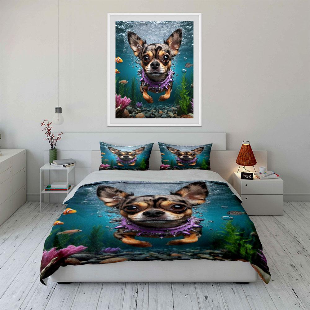 "Underwater Dog Themed Decor Set" Bedding Set with 1 Duvet Cover 2 Pillowcases Single Double King Queen, Gift