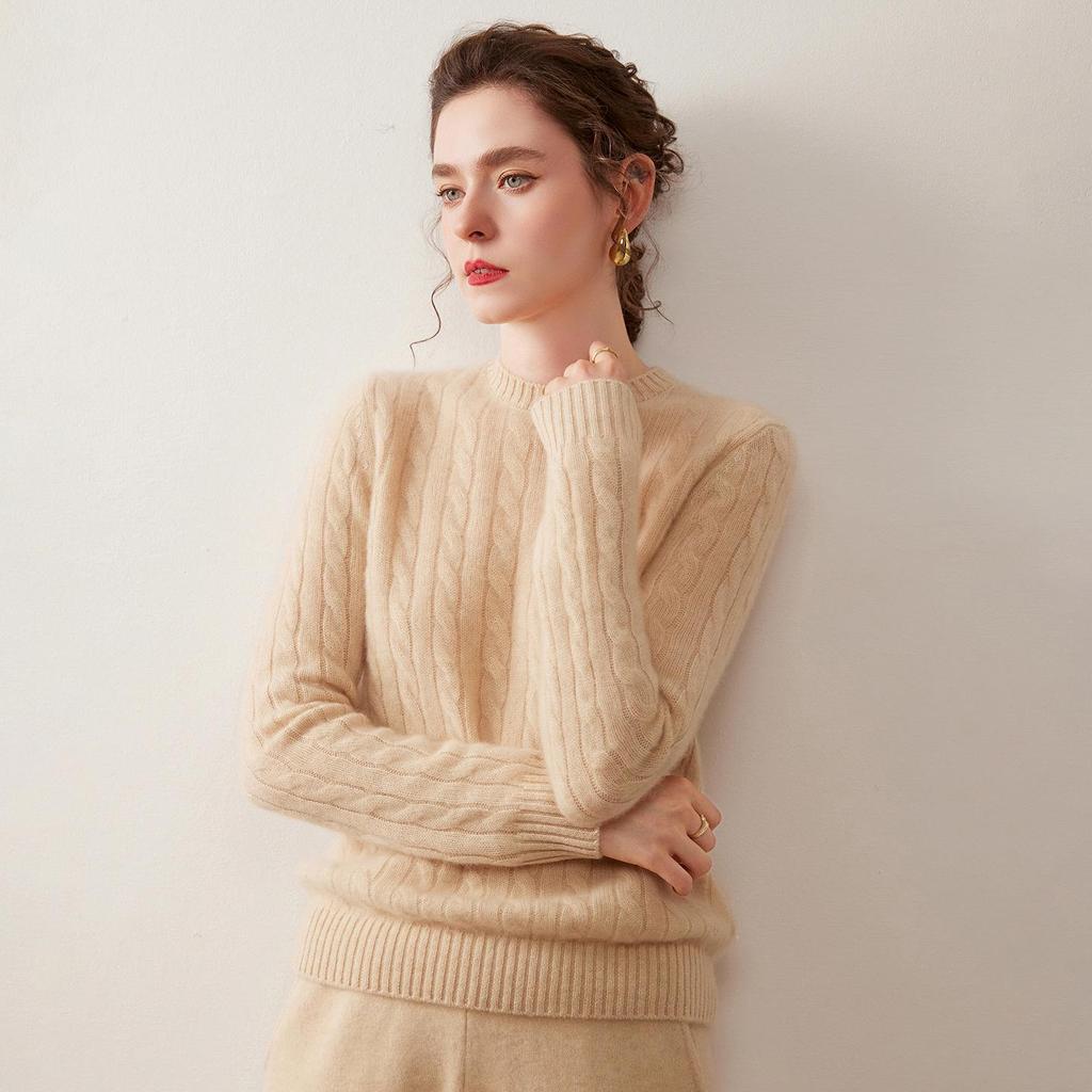 Women's Retro Cable Knit Cashmere Sweater - Autumn/Winter Slim Fit Round Neck Top