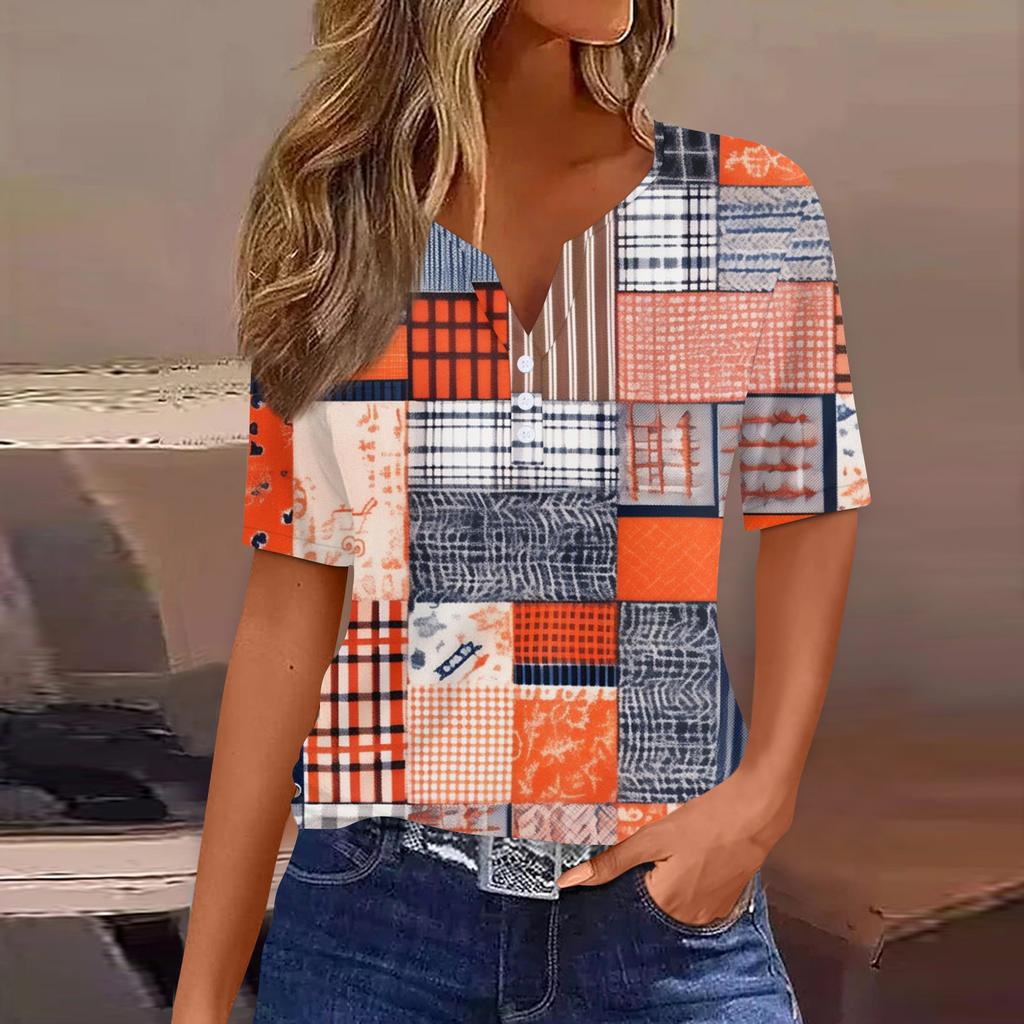 Жен. Футболка С принтом Пуговицы С короткими рукавами Повседневные Выходные Мода Классический Классический V-образный вырез Обычный Топ