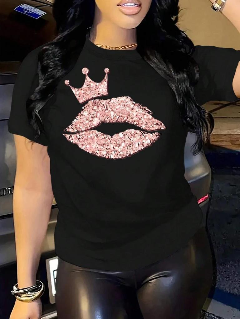 Женская повседневная базовая футболка свободного кроя с графическим принтом «Сексуальные губы с короной», летняя футболка с коротким рукавом и круглым вырезом, классическая модная футболка