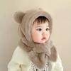 Soft Warm Baby Bear Plush Hat Winter Ear Protection Hats Cute One-Piece Hat Scarf  Boy Girls