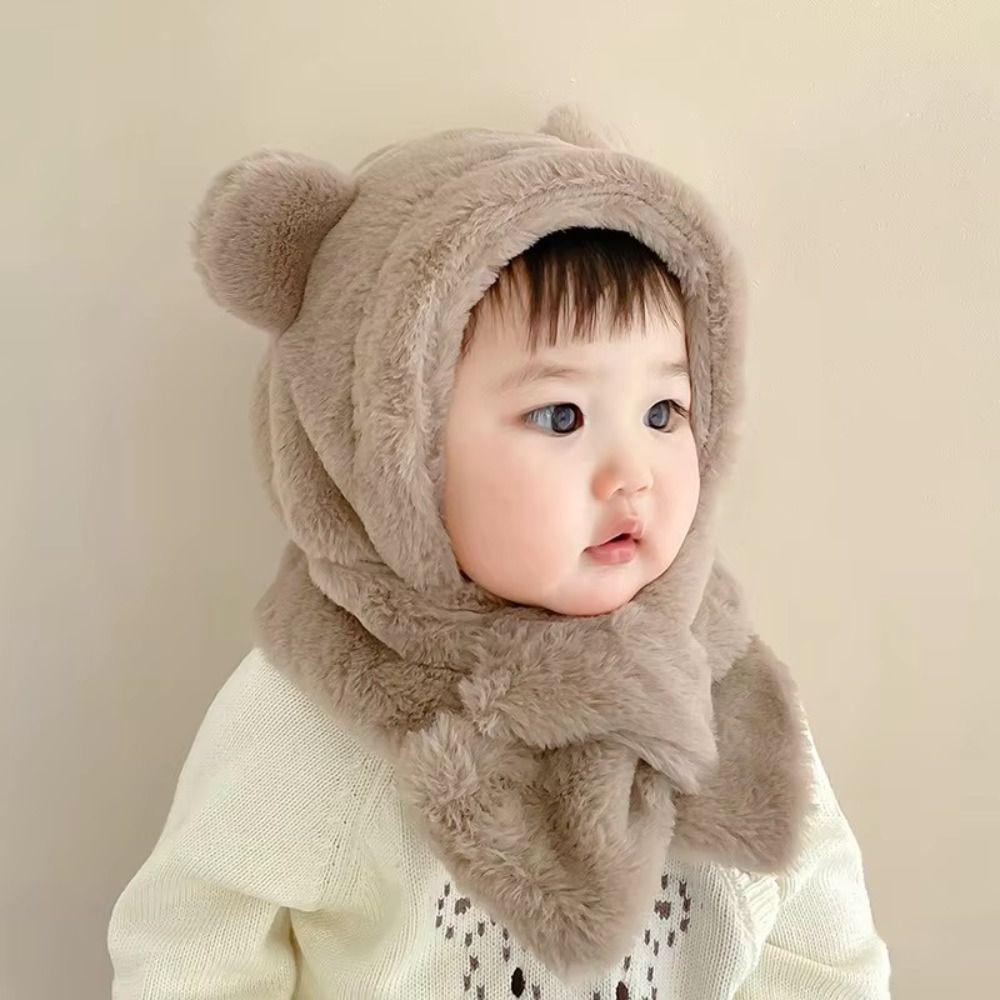 Soft Warm Baby Bear Plush Hat Winter Ear Protection Hats Cute One-Piece Hat Scarf  Boy Girls