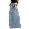 Women Vintage Denim Maxi Skirt Frayed Raw Hem High Waist A-line Long Jeans Skirt