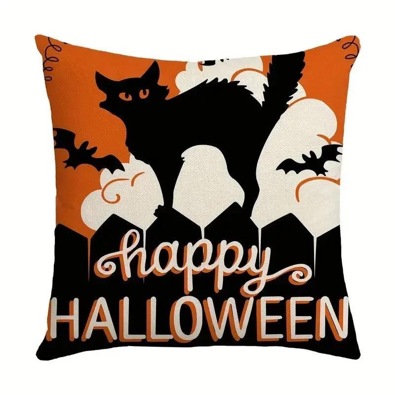 40/45/50cm Halloween Party Decorations Linen Pillowcase for Sofa Black Witch Ghost Print Throw Pillow Cover Home Decor