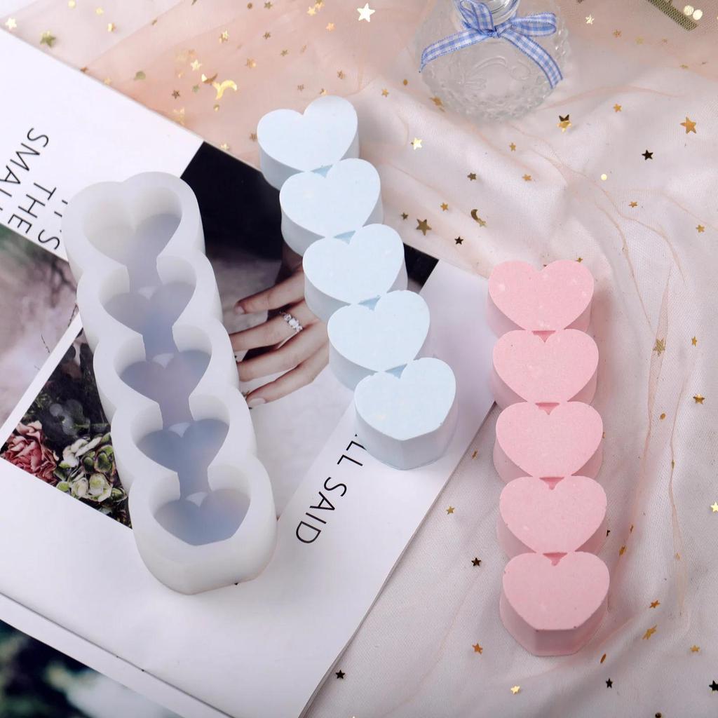 5 Holes Creative Love Shape Candle Mold Creative Baking Chocolate Korean Aromatherapy Mousse Cake Silicone Molds Accessories
