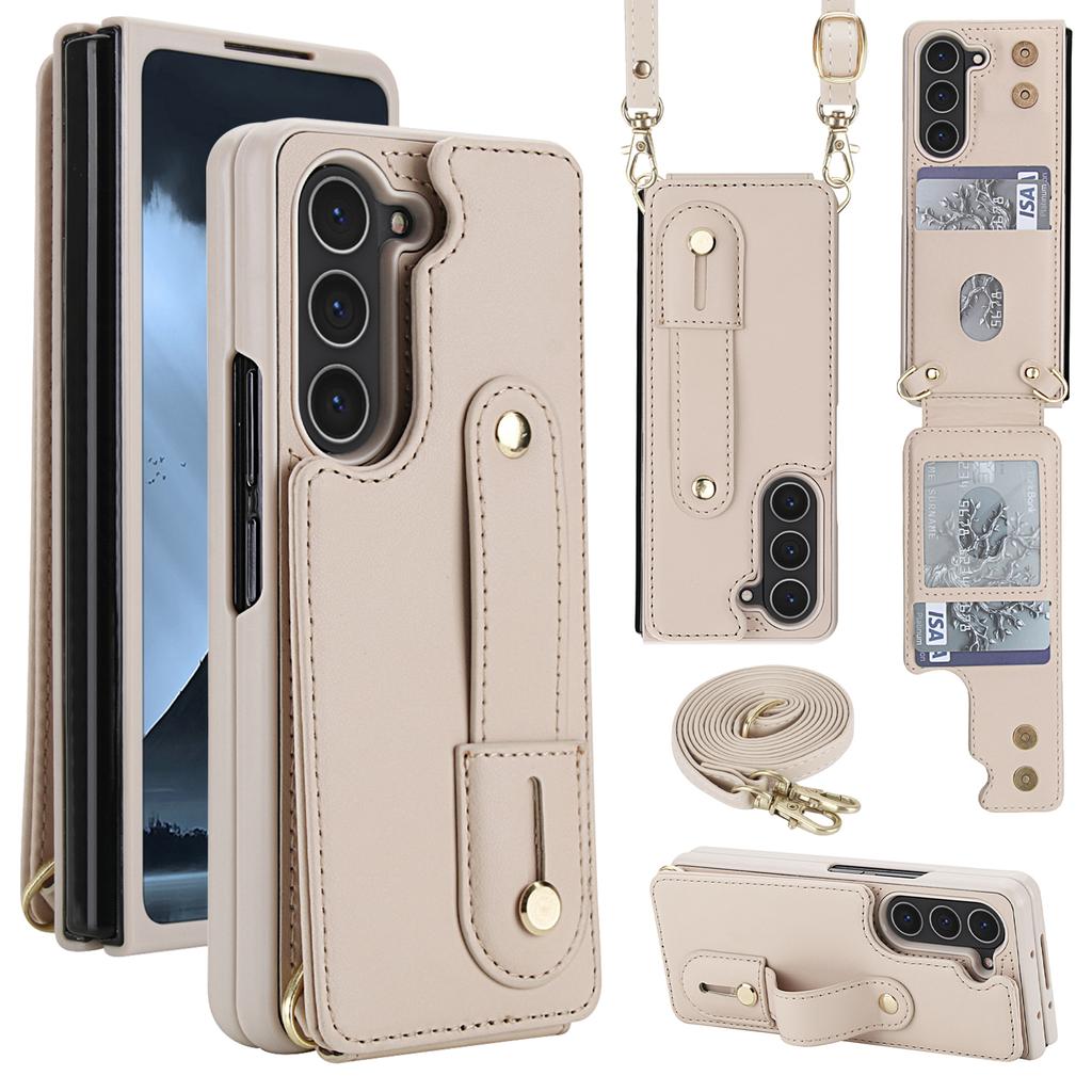 Crossbody Wristband Wallet Phone Case For Samsung Galaxy Z Fold 7 6 5 4 5G Double Magnetic Button Card Slot Wrist Design Cover