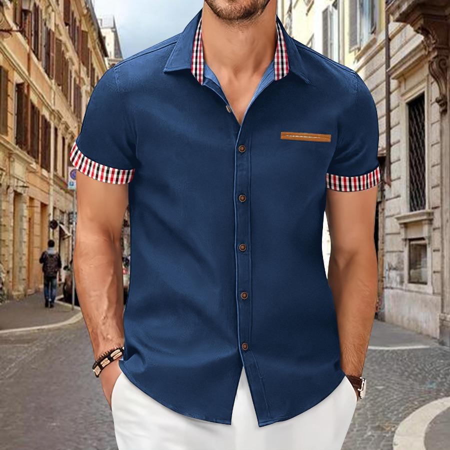 Летние модные мужские клетчатые лоскутные рубашки Slim Fit повседневные рубашки с коротким рукавом