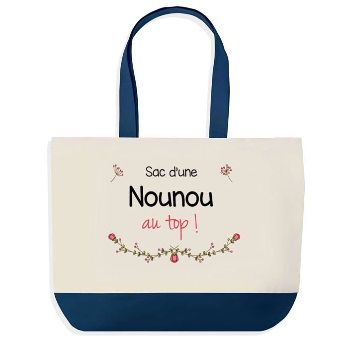 Tote bag - PLANETEE - Nounou au Top (Assistante Maternelle) - fond bleu - coton 40x45 cm - Fabriqué en France