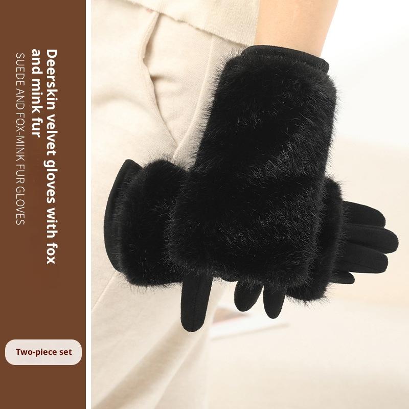 Женские осенне-зимние перчатки из кроличьего меха плюс бархатные утолщенные ветрозащитные и теплые перчатки для верховой езды, устойчивые к холоду, замшевые перчатки с сенсорным экраном