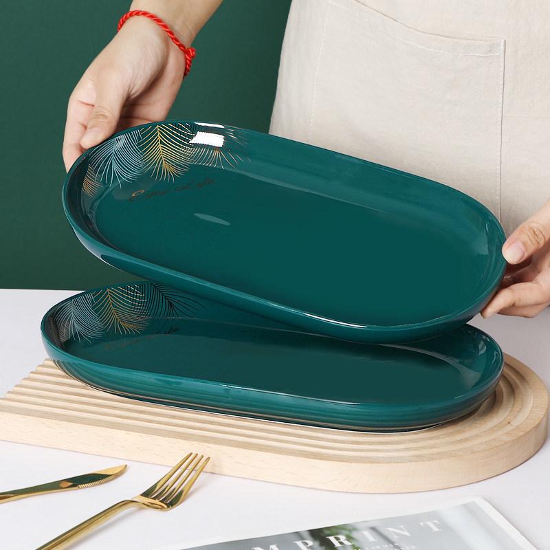 Набор из 2 керамических тарелок для рыбы овальной формы цвета павлиньего зеленого - Роскошный набор для суши и посуды