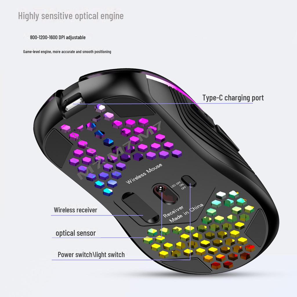 Игровая мышь с RGB-подсветкой, беспроводной конструкцией в виде сот, легкая и с проводной зарядкой TYPE-C.