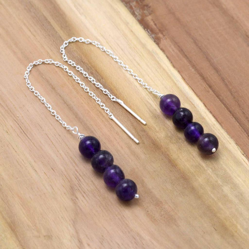 Amethyst 925 Silver Threader Earrings, Natural Gemstone Women Handmade Fringe Earrings