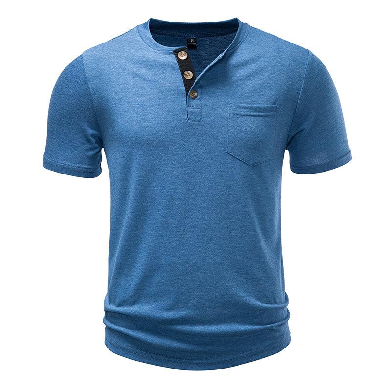 Men's Summer Solid Color Pocket T-Shirts Button Henry Collar Casual Daily Office Short Sleeve Top Tees Hip Hop Streetwear Tee
