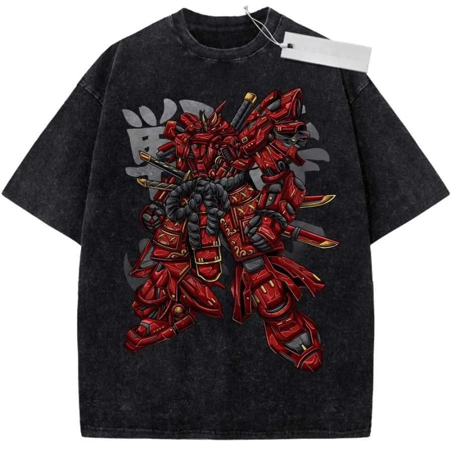 Летняя мужская черная стираная футболка Mobile Suit Gundam Красный Самурай Меха Золотой Меч Высококачественная ткань для повседневной носки