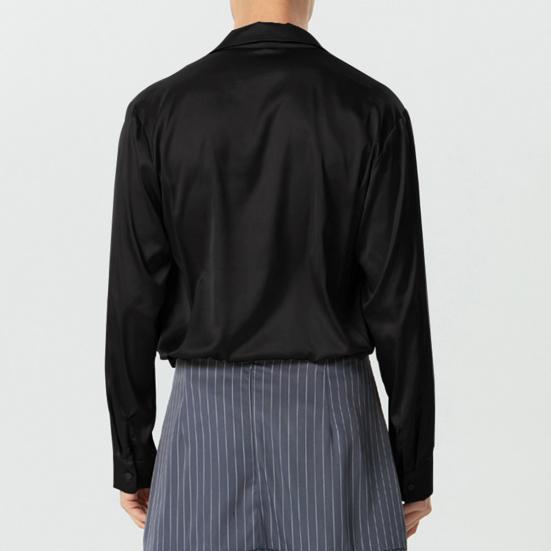 Мужская рубашка для вечеринок, свободная, с длинным рукавом, сатиновая, тонкая, во французском стиле, однотонная, с лацканами, однобортная, повседневная рубашка