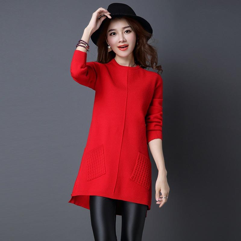 Spring Autumn and Winter Women's Mid-length Pullover Jumper Korean Version of Loose Simple Bottoming Shirt with Pockets of Knitted Jumper Dresses