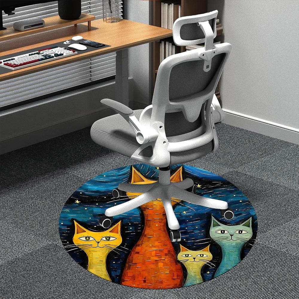 1pc Cat Family Office Round Area Rug, Indoor Mat Suitable ForOffice, Under Office Chairs Bedroom Living Room Home Decor, Room Deco D022