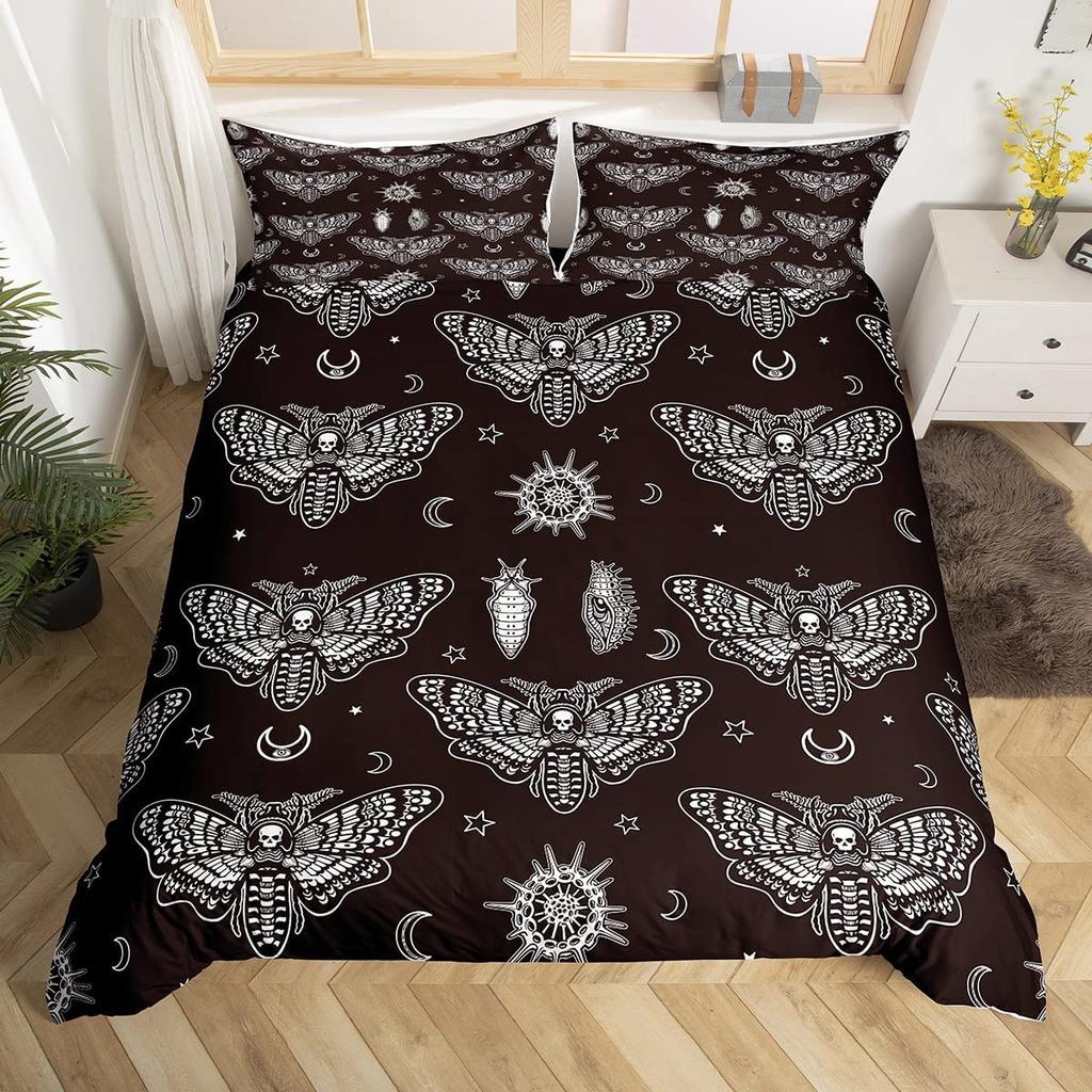 Death Moth Duvet Cover Set King Queen Full Twin Size Galaxy Sun and Moon Polyester Comforter Cover Boho Gothic Skull Bedding Set