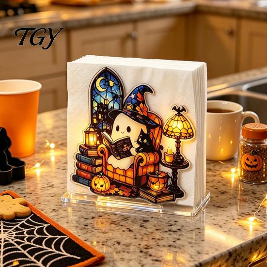 Halloween Napkin Holder Ghost Holder, Acrylic Stained Glass Style Stand, Modern Table Ornament Freestanding Tissue Paper Dispenser for Kitchen Dining