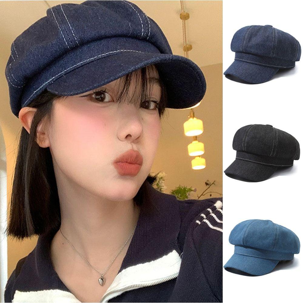 Vintage Women Denim Beret Versatile Newsboy Cap Casual Octagonal Caps Unisex