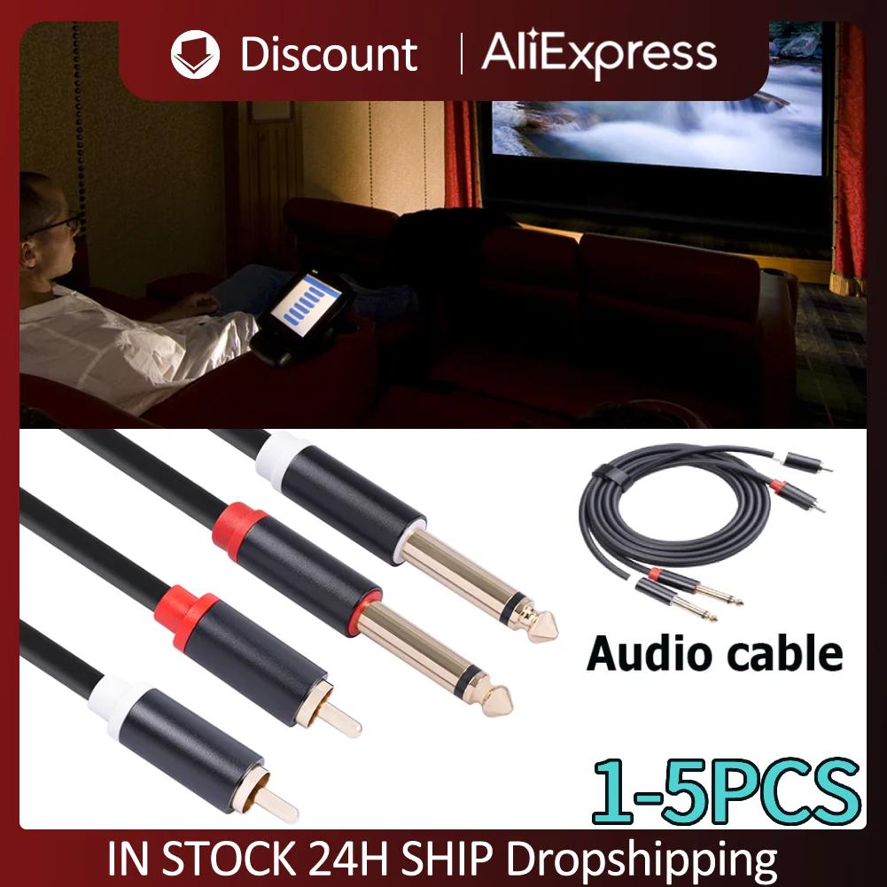 1-5pcs 2 RCA Male To 2 6.35 Jack Male Audio Cable Aluminum Alloy Shell 1.5m Connector Converter Adapter Cord for Various CD