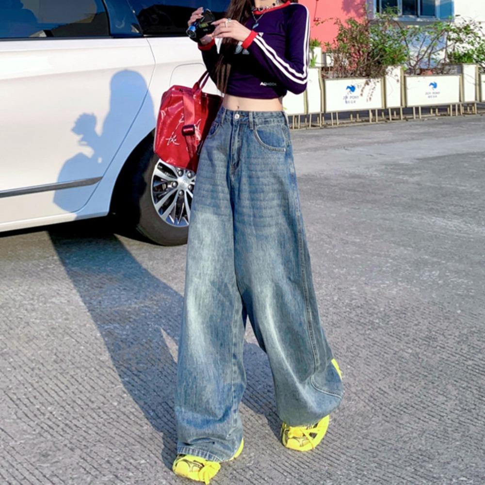 Американские ретро свободные брюки широкие штанины драпировка высокая посадка универсальные выстиранные прямые джинсы женские брюки тренд