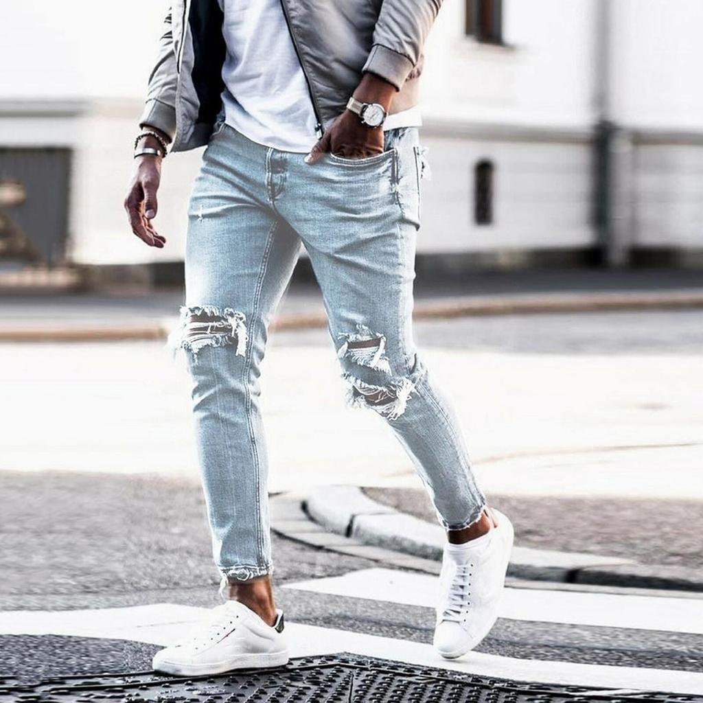 Men New Hip Hop Jean Trousers Mens Solid Color Hole Skinny Vintage Jeans Fashion Washed Ripped Slim Denim Pants for Men