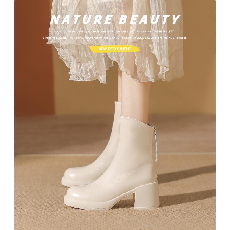 Осень и зима новые маленькие короткие ботинки женские толстый каблук тонкие ботинки круглый носок супермягкая толстая подошва белые короткие ботинки тренд