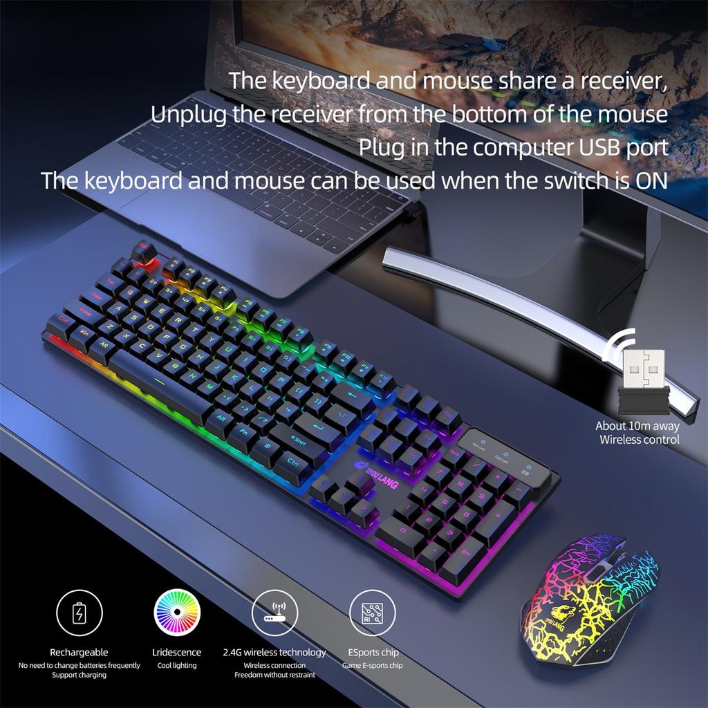 Wireless Gaming Keyboard And Mouse Combo With Mouse Pad, LED Backlit Rechargeable Battery Mechanical Ergonomic Feel 7 Color Backlit Mute Mice