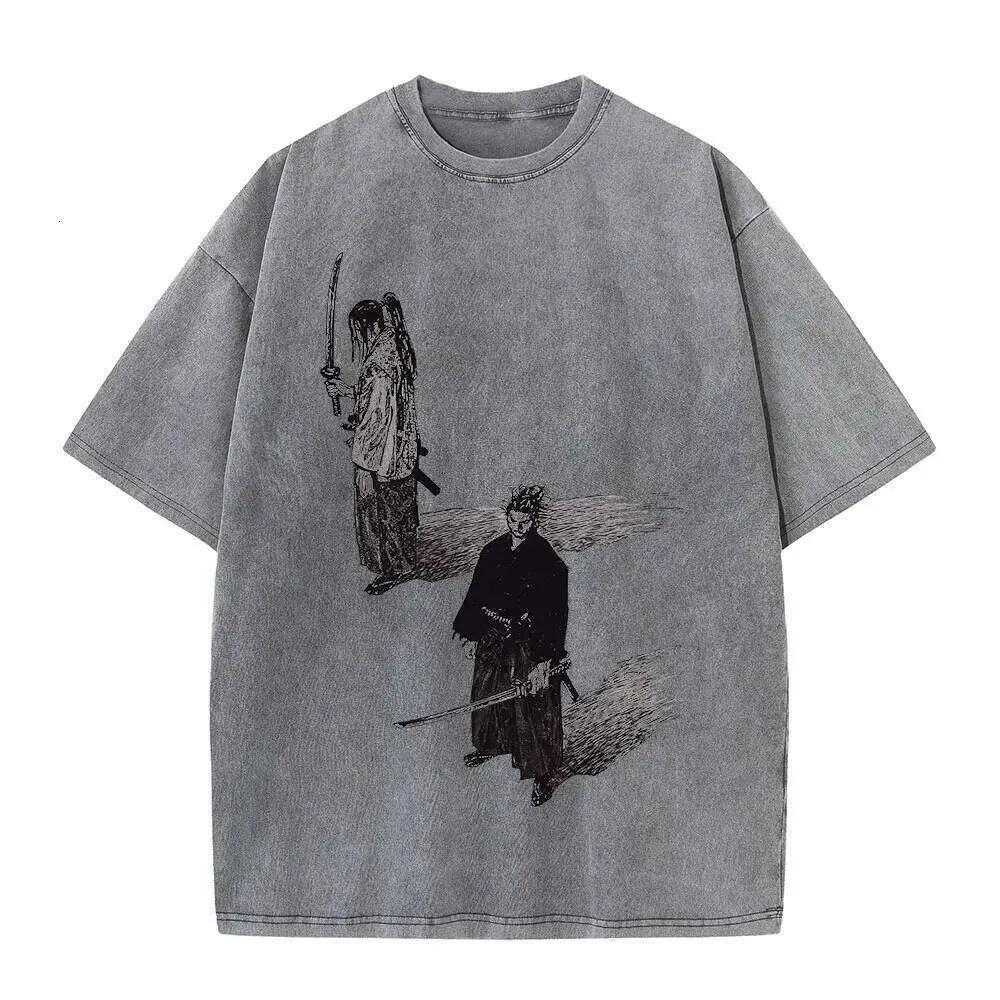 Streetwear Tshirt Anime Vagabond Graphic Print Vintage Harajuku Washed Black T Shirt Men Summer Casual Cotton Loose Top Tee 26L0526