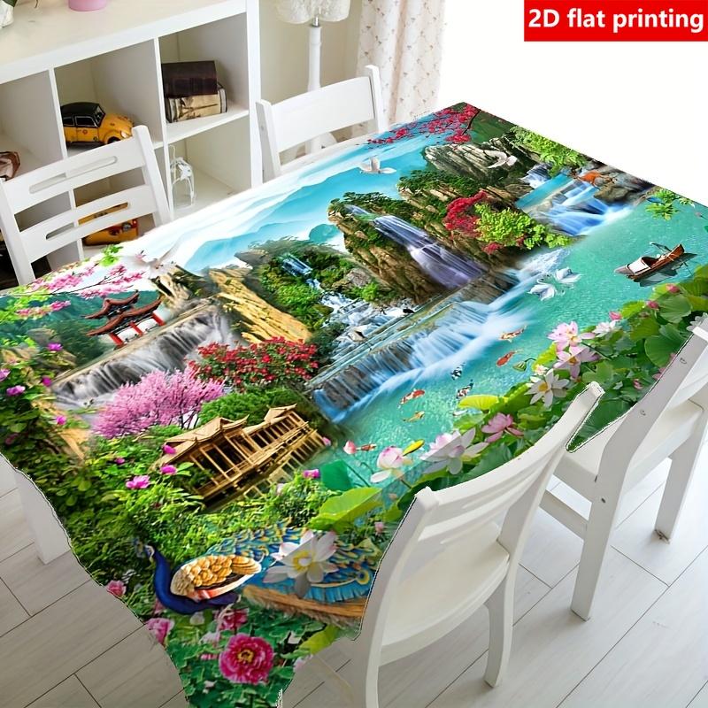 2D Flat Printing, 1pc Vibrant Floral And Mountain Landscape Tablecloth - Durable Polyester, Featuring Waterfalls, Birds, And Blooming Flowers, Perfect
