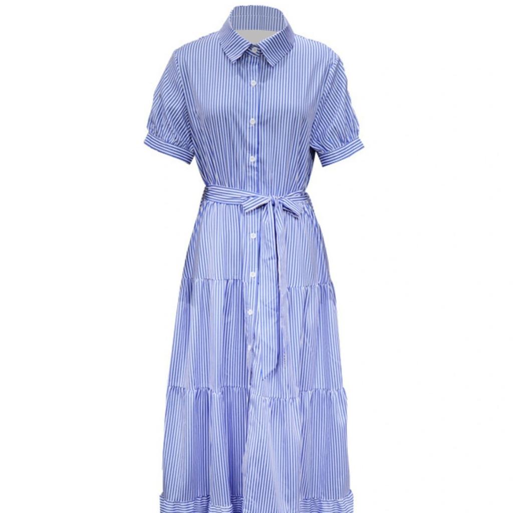 Летние женские платья Модные полосатые свободные платья миди с короткими рукавами