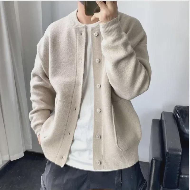 Men's Japanese Wool Cardigan – Spring/Autumn Hong Kong Style, Round Neck, Loose Fit, Thick Knit Sweater Coat.