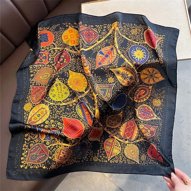 Gold Leaf Print Scarf 70x70cm Women Silk Scarves Luxury Bandana Hijab Neckerchief Shawl Kerchief Hair Band Foulard