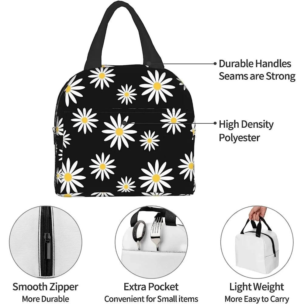 Черная сумка для ланча с цветком ромашки, маленькая термоизолированная коробка для ланча с передним карманом, кавайные сумки для ланча для девочек и мальчиков, замораживаемая коробка бенто