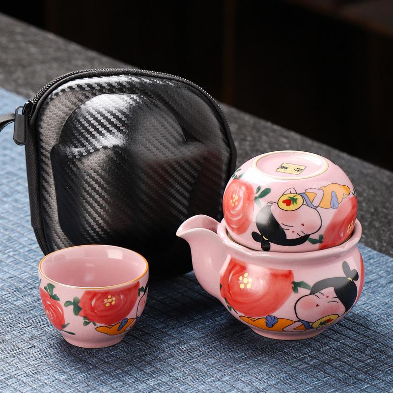 Powder Ru Kiln Portable Outdoor Travel Tea Set One Pot Two Cups Kuaike Cup Business Event Gifts