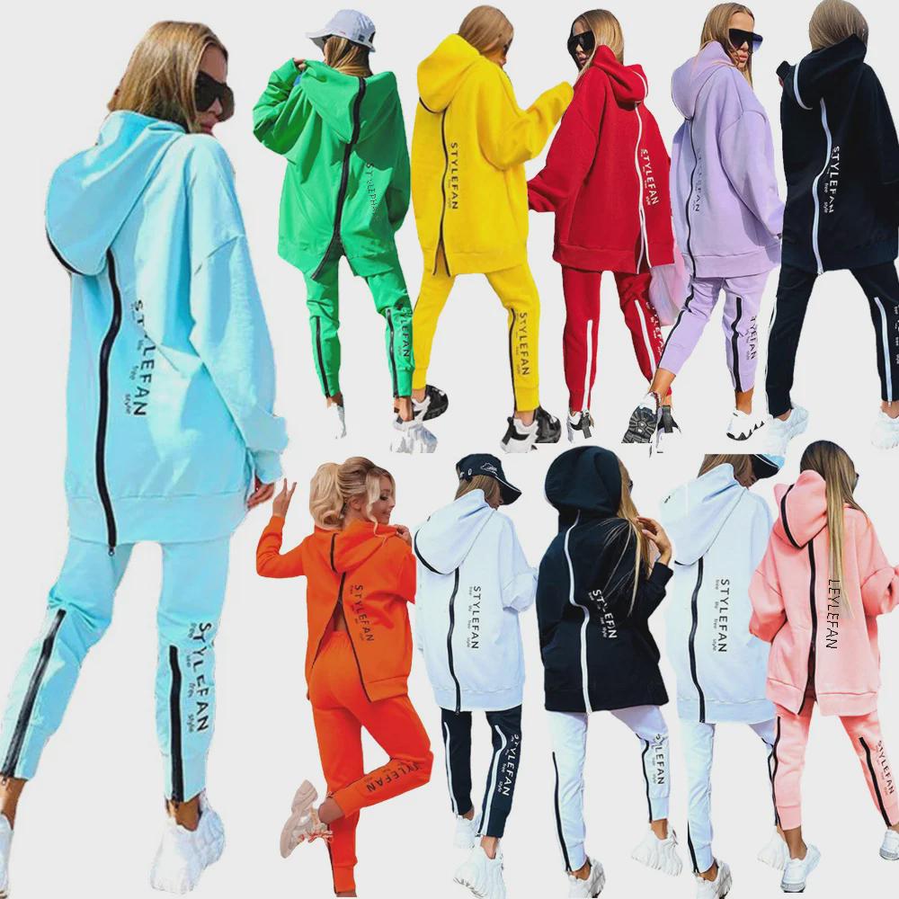 Women's Autumn/Winter Loose Fit Letter Print Zip-Up Sweater and Trousers Set