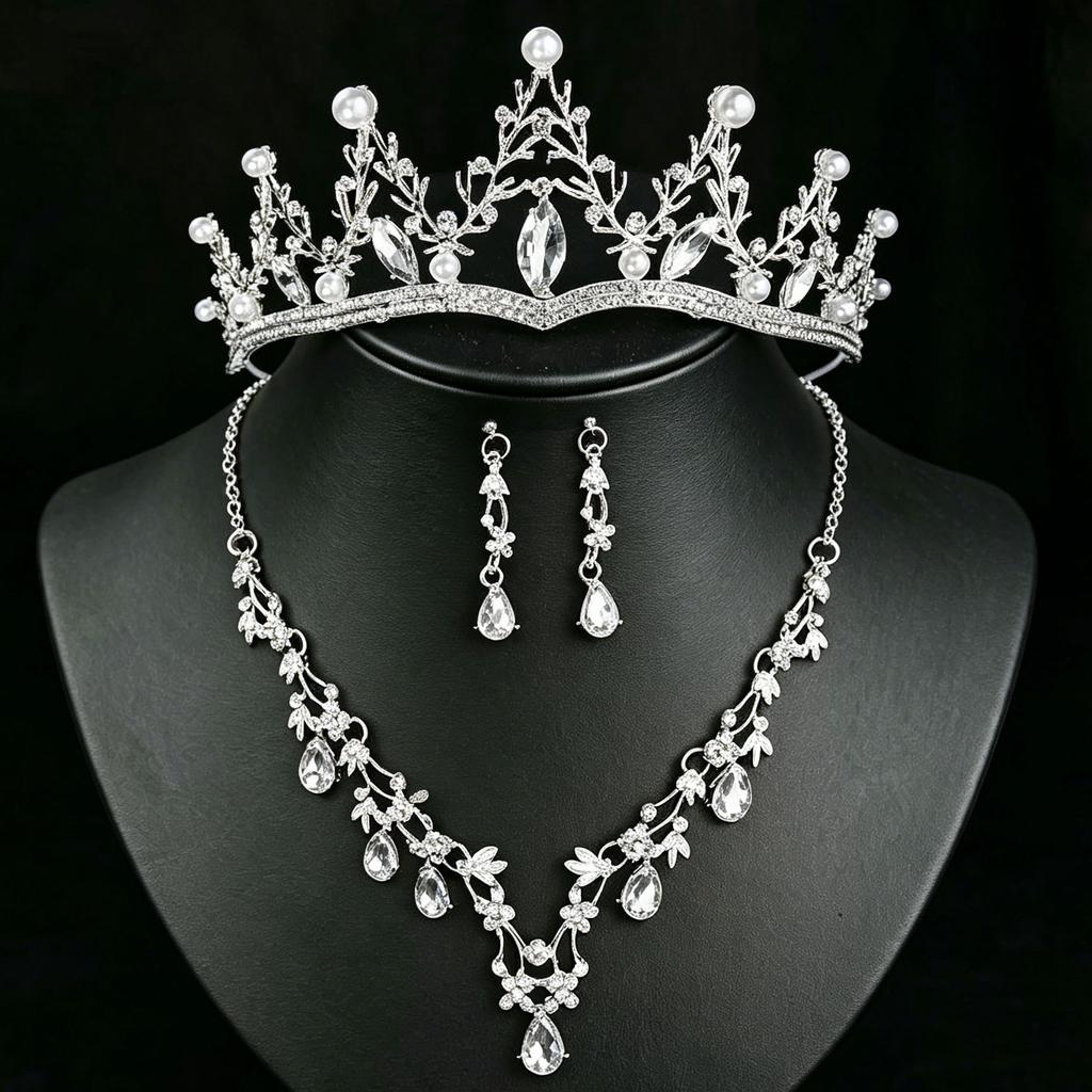 DIEZI 4 Colors Crystal Tiara Crown For Women Wedding Girls Party Crown Necklace Earrings Jewelry Sets Hair Dress Accessories