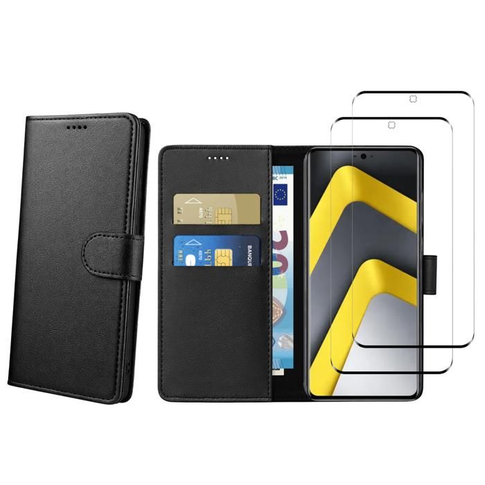 Coque pour Xiaomi Poco M8 PRO 5G et 2 Verres Trempé - Portefeuille Noir Rabat Clapet Aimanté Rangement Cartes Phonillico®