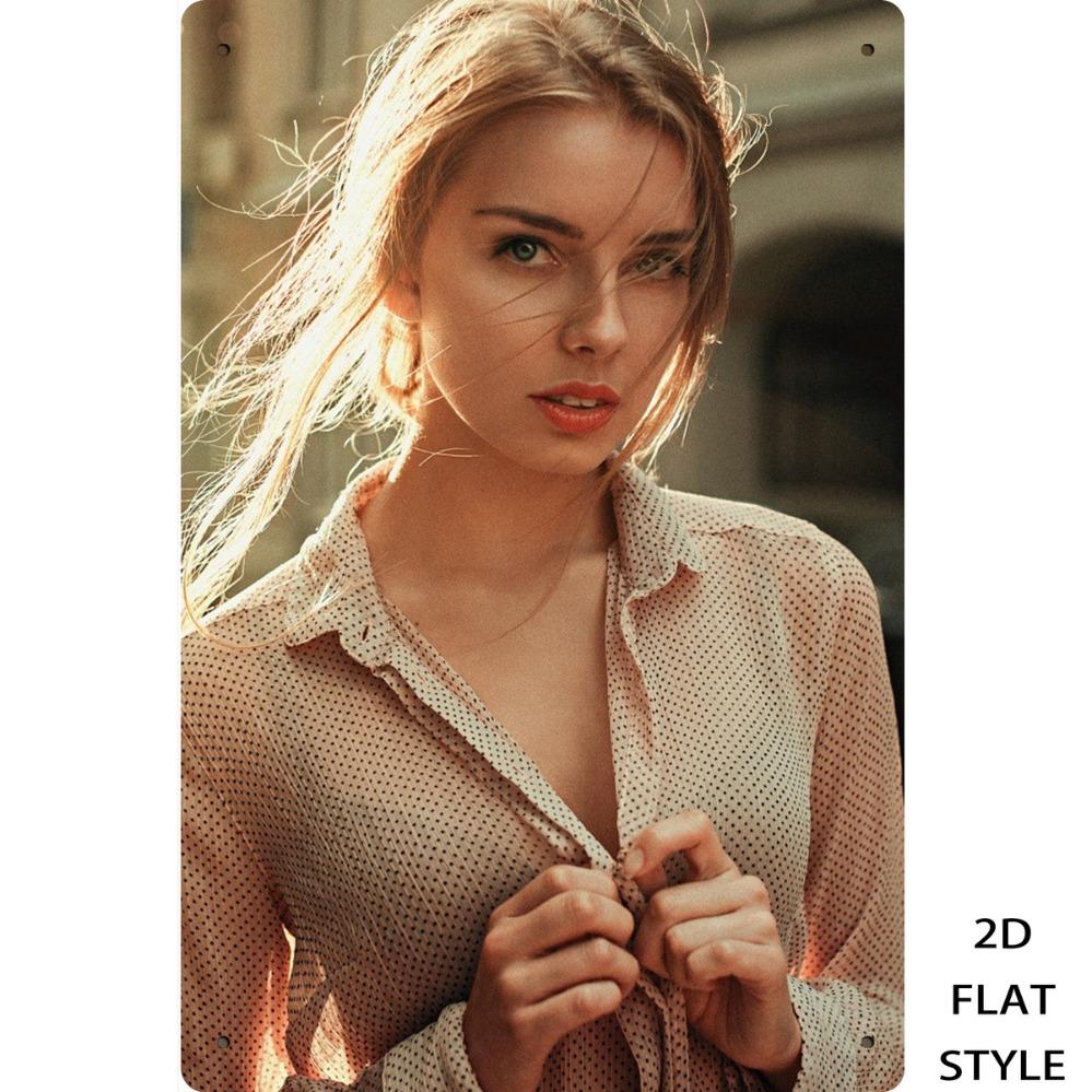 HD Metal Tin Sign Sexy Blonde Woman in Polka Dot Shirt Vintage Metal Poster Aesthetic Wall Art Decor for Home Bar Man Cave Re