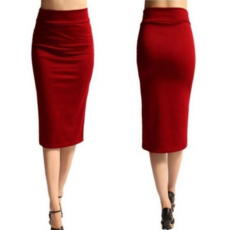 Ladies Plain Office Women Stretch Bodycon Midi Jersey Pencil Skirt