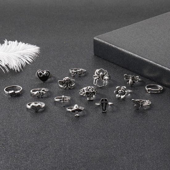 15 шт., винтажные кольца с животными, набор в готическом стиле, преувеличенные насекомые, животные, цветок, кольцо в форме сердца, Эстетические ретро-кольца серебряного цвета, изысканные ювелирные изделия