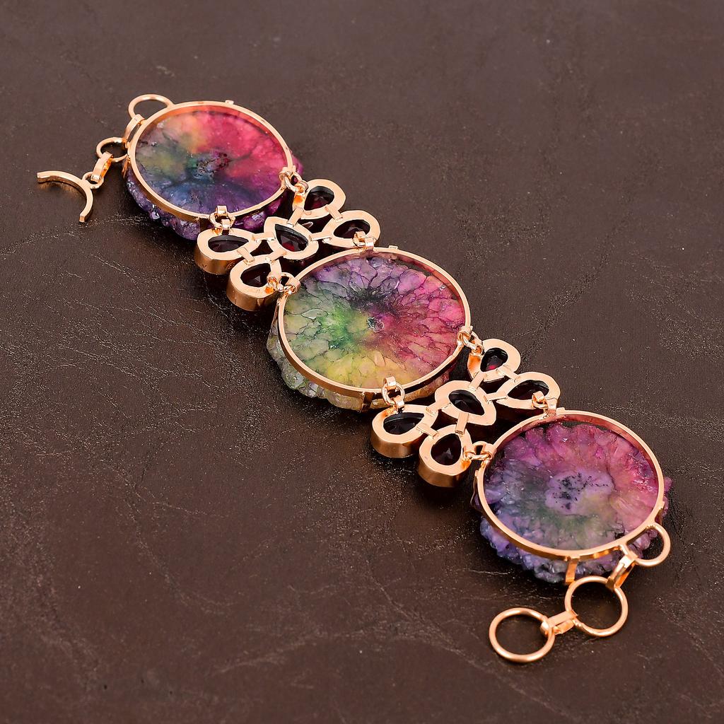 Солнечный Кварц, Рубелит Драгоценный Камень Медная Бижутерия Ручной Работы Браслет 7-8 a9Y38